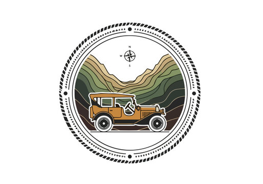 Vintage orange off-road vehicle driving through mountains with compass navigation