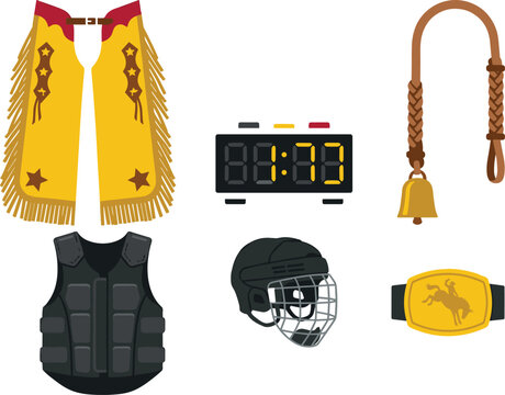 Rodeo and Western Equipment Vector Set Featuring Cowboy Chaps, Bullwhip, Protective Vest, Helmet, Scoreboard, and Championship Belt Buckle