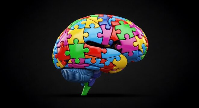 Colorful human brain model made of jigsaw puzzle pieces