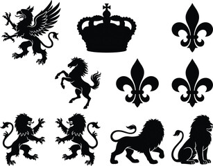 Heraldic silhouette elements collection featuring royal crown griffin fleur de lis horse rampant and rampant lions symbols © MDMEHEDI