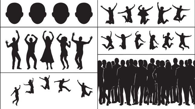 Vector people silhouette mega set with large crowd audience, happy dancing group, jumping individuals, and head avatar templates.