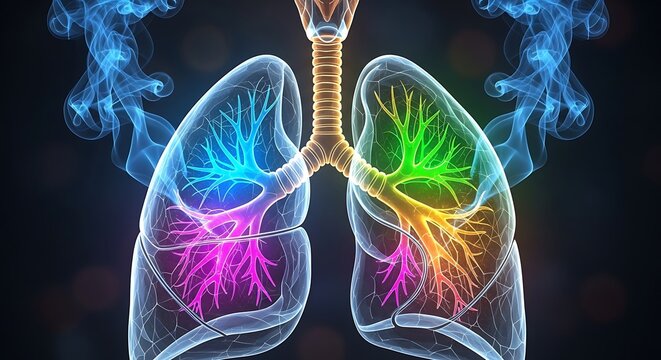 Colorful human lungs and trachea with smoke on dark background