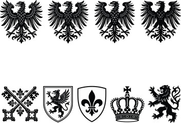 Fototapeta premium Medieval heraldic eagle collection and coat of arms shields featuring griffin fleur de lis royal crown and crossed keys