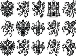 Medieval heraldic crest elements and line art icons set with double headed eagle lion rampant fleur de lis pegasus and castle © MDMEHEDI