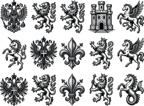 Medieval heraldic crest elements and line art icons set with double headed eagle lion rampant fleur de lis pegasus and castle