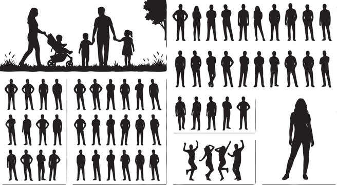 Vector people silhouette mega set with family walking in park, standing crowd grid icons, dancing individuals, and female model.