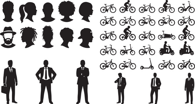 Vector silhouette collection featuring user avatar profiles, corporate business executives, bicycles, electric scooters, and city commuters icons.