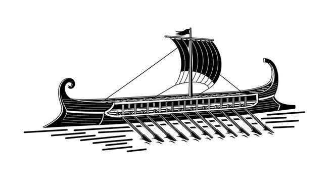 Ancient Greek Trireme Warship Black and White Illustration
