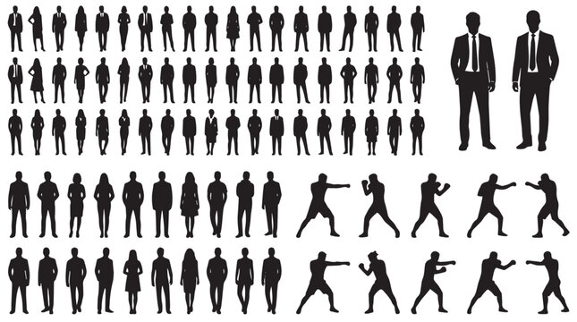 Vector business people silhouette mega set with corporate professionals standing, executive managers, and boxing martial arts fighters posing.