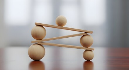 Obraz premium Delicate Wooden Ball and Stick Balance Sculpture, Precarious Equilibrium, Conceptual Stability, Minimalist Design