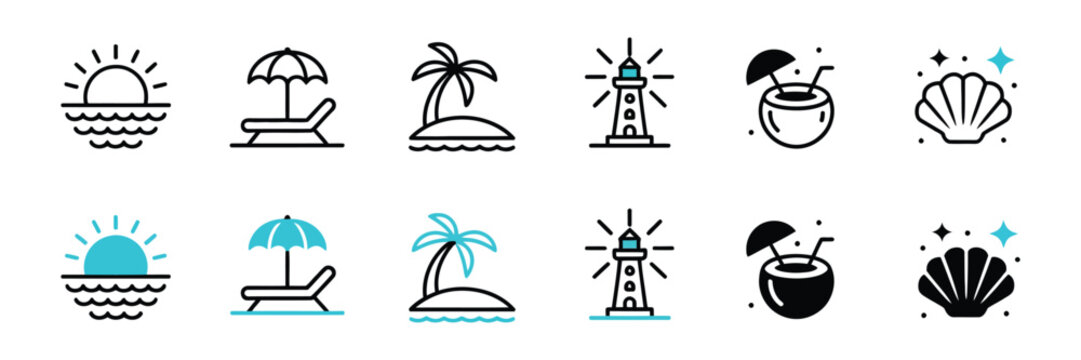 Summer Beach Tropical Icon Set, coastal vacation symbols with ocean waves, sunset and palm trees, line vector illustration for travel, tourism and holiday design.