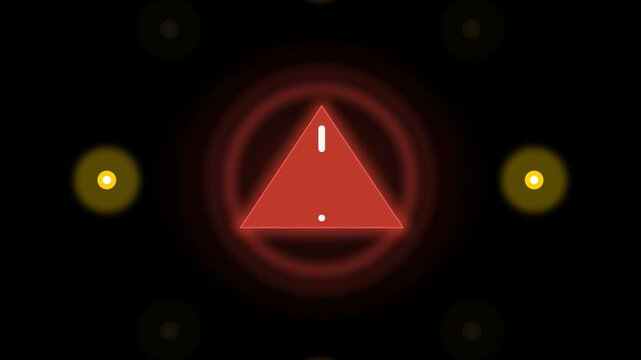 Glowing red triangle warning sign appears with exclamation mark inside circle surrounded by yellow lights