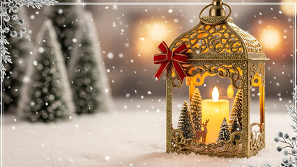 Fototapeta premium Festive Golden Christmas Lantern Glowing in Deep Winter Snow at Night, Elegant Holiday Greeting Card Decoration with Warm Light and Frosty Background Atmosphere for Seasonal Celebration Concept