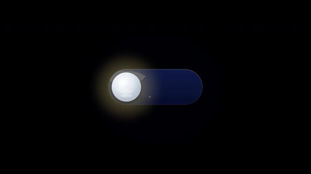 A glowing toggle switch turns on in darkness with a bright white circle.