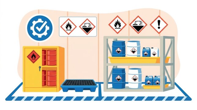 Storage area for hazardous materials with labeled containers and safety symbols. Cabinets, shelves, and safety equipment are present.