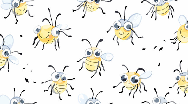 Cute watercolor bee pattern with smiling insects and playful expressions