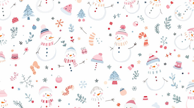 Whimsical winter snowman illustration pattern featuring scarves hats and snowflakes