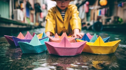 Obraz premium A young child in a yellow raincoat gently places colorful origami boats into a calm waterway in a narrow, vibrant alleyway.