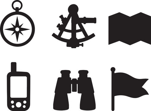 navigation tools silhouettes compass sextant map gps binoculars flag vector set