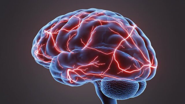 Digital brain illuminated with glowing red neural pathways, symbolizing connectivity, brain activity, and complexity of human cognition in scientific and technological visualization.