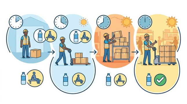 Graphic shows a worker acclimatization schedule with steps for tasks, breaks, and safety measures in a warehouse setting throughout the day.