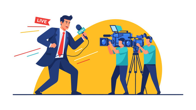 News Reporter Broadcasting Live: A determined news reporter, dressed in a suit and tie, enthusiastically delivers a live broadcast, microphone in hand, while two camera operators film the event.