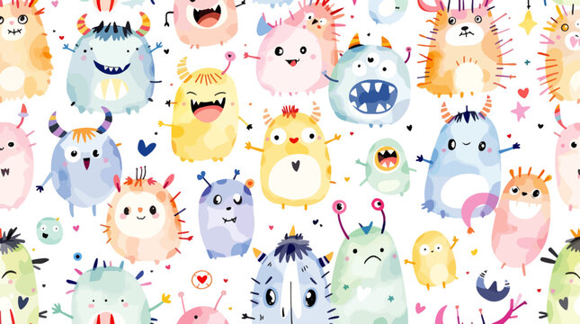 seamless pattern with funny monsters watercolor