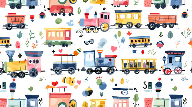 Cute watercolor trains and railway carriages seamless children pattern design