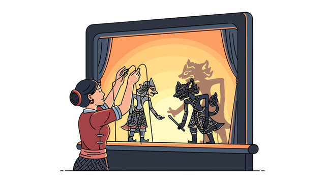 Puppet Master's Tale: A storyteller animates a traditional shadow puppet show, her hands skillfully guiding figures behind a illuminated screen, casting fantastical shapes onto the backdrop.