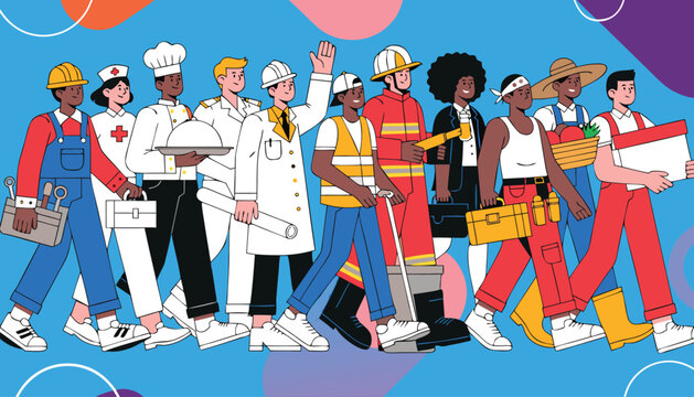 Diverse professionals in various occupations walking together