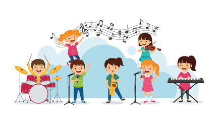 Fototapeta premium Group of diverse children performing together in a band with musical instruments including drums, saxophone, and violin.