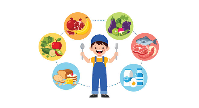 Young boy in overalls holding a spoon and fork surrounded by circles showing different healthy food groups and nutrition.