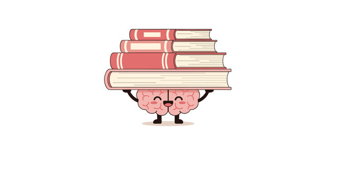 cute brain mascot carrying stacked books education learning icon design