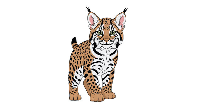 Detailed illustration of a young bobcat or lynx with spotted fur and tufted ears standing alert on a white background.