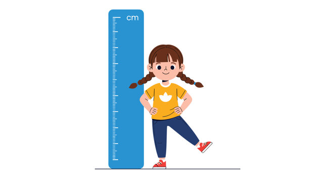 Young girl standing next to blue height measurement chart shows healthy physical growth and child development in simple style.