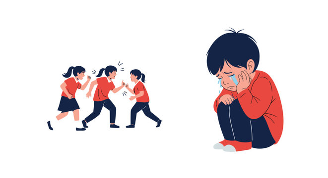 Emotional scene showing group of children bullying a sad boy portrays social issues and importance of empathy and school safety.