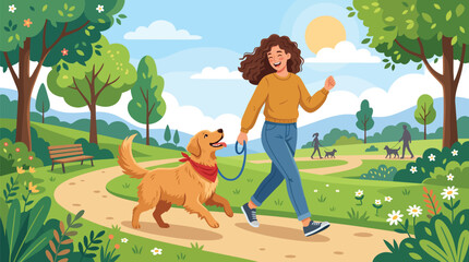 Fototapeta premium Cheerful illustration of a woman walking her golden retriever dog through a vibrant park on a sunny day, showcasing joy and companionship
