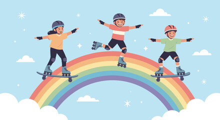 Naklejka premium Joyful children skating and skateboarding across a vibrant rainbow in the sky depicts fantasy adventure and active outdoor fun.