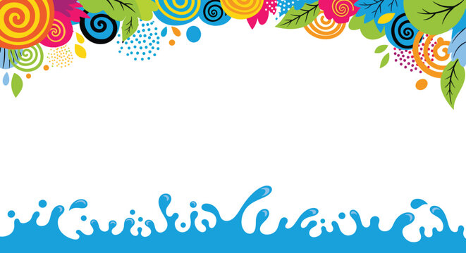 Decorative frame with colorful floral patterns on top and blue water splash at bottom creates vibrant border for creative projects.