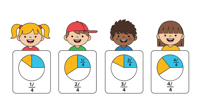 Diverse group of smiling children holding math fraction charts promotes early numeracy and educational success in school.
