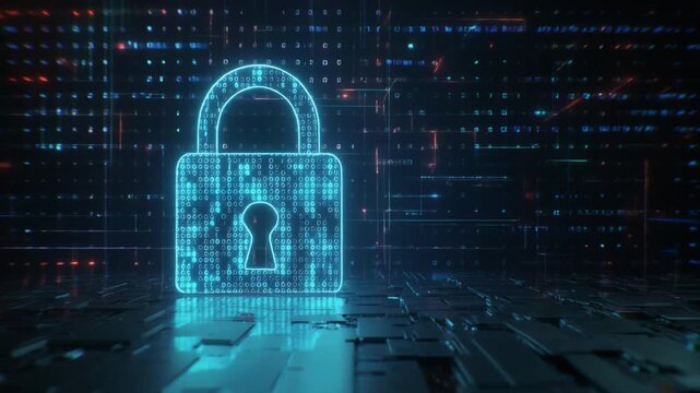 Glowing digital padlock formed by circuitry patterns, symbolizing cybersecurity, encryption, and protection of data within secure modern technological environments.
