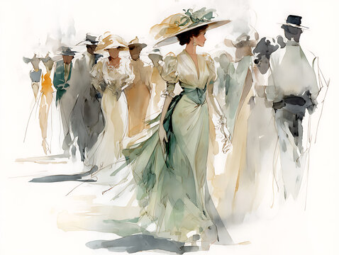 Grand promenade of elegant ladies and gentlemen in period fashion
