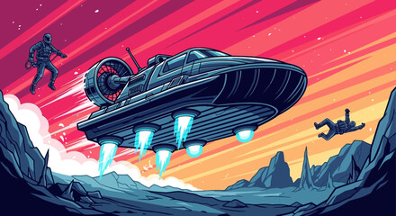 Retro Sci-Fi Hovercraft on Alien Planet with Astronauts © Muhamad