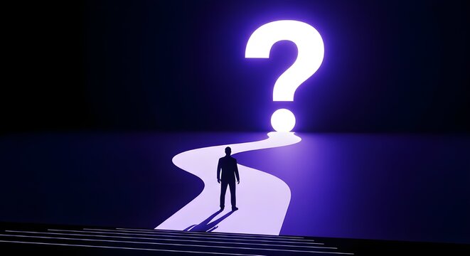 Silhouette man on glowing path towards giant question mark, uncertainty, decision, future concept
