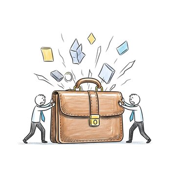 Sketch of two men pushing a briefcase with flying papers