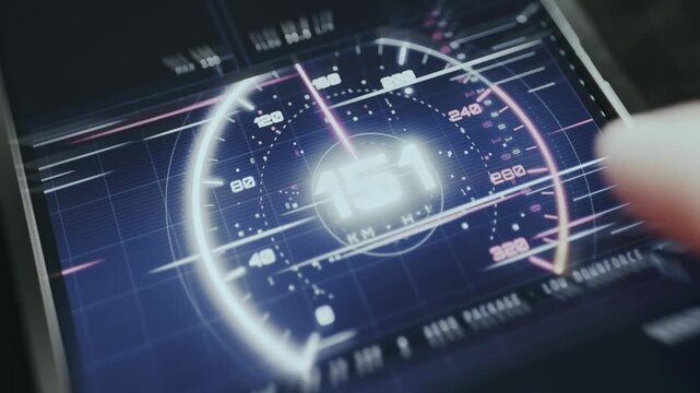 Futuristic vehicle dashboard, speedometer screen with neon scan lines