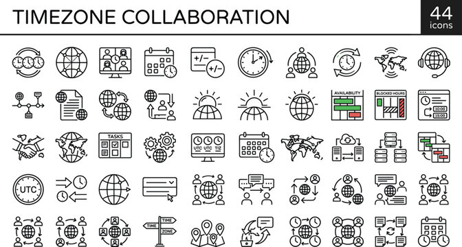 Timezone Collaboration Icon Set With Global Scheduling Remote Teams World Clocks Meetings And Communication Workflow Symbols Vector