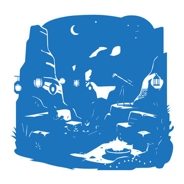 Stargazing camp in a rocky canyon under the moon with crescent moon, fire pit