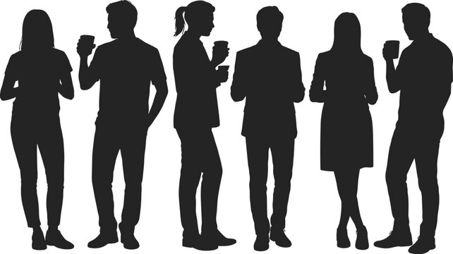 Silhouettes of diverse people standing casually with coffee cups in social or business gathering scene