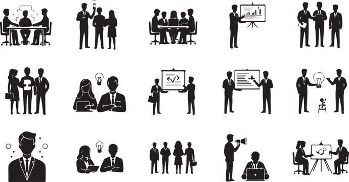 Collection of business people working and communicating in various office settings effectively